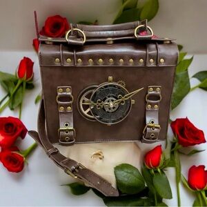 🆕 Steampunk Gear Design Vintage Punk, Vegan Leather Messenger Adjustable Strap